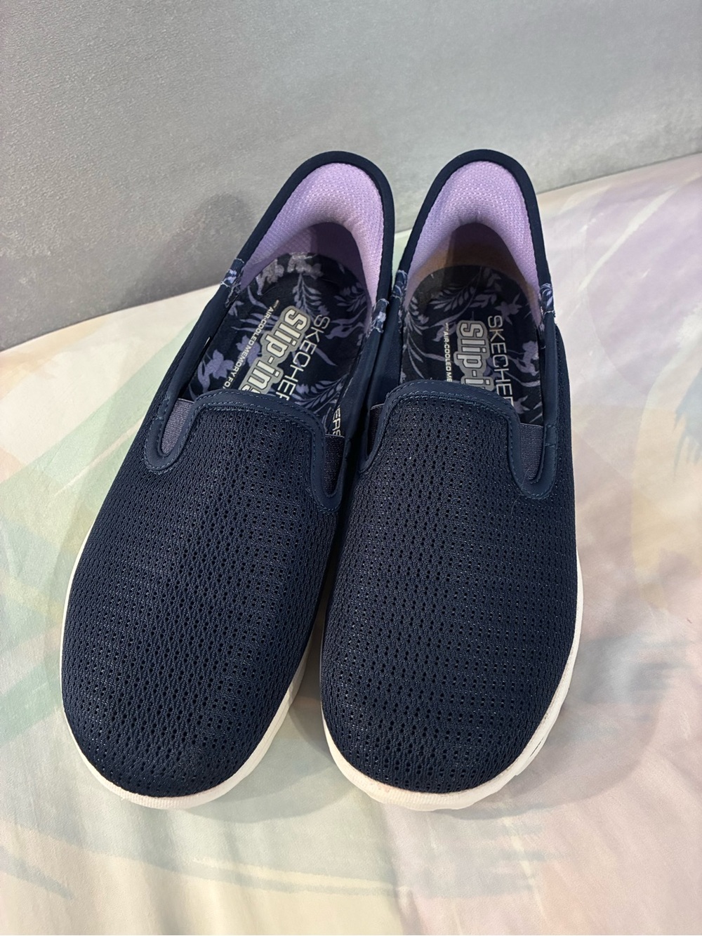 Skechers Go-walk Navy and Lavender Fabric Memory Foam Slip-Ins